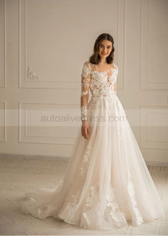 Long Sleeves Beaded Ivory Lace Tulle Gorgeous Wedding Dress